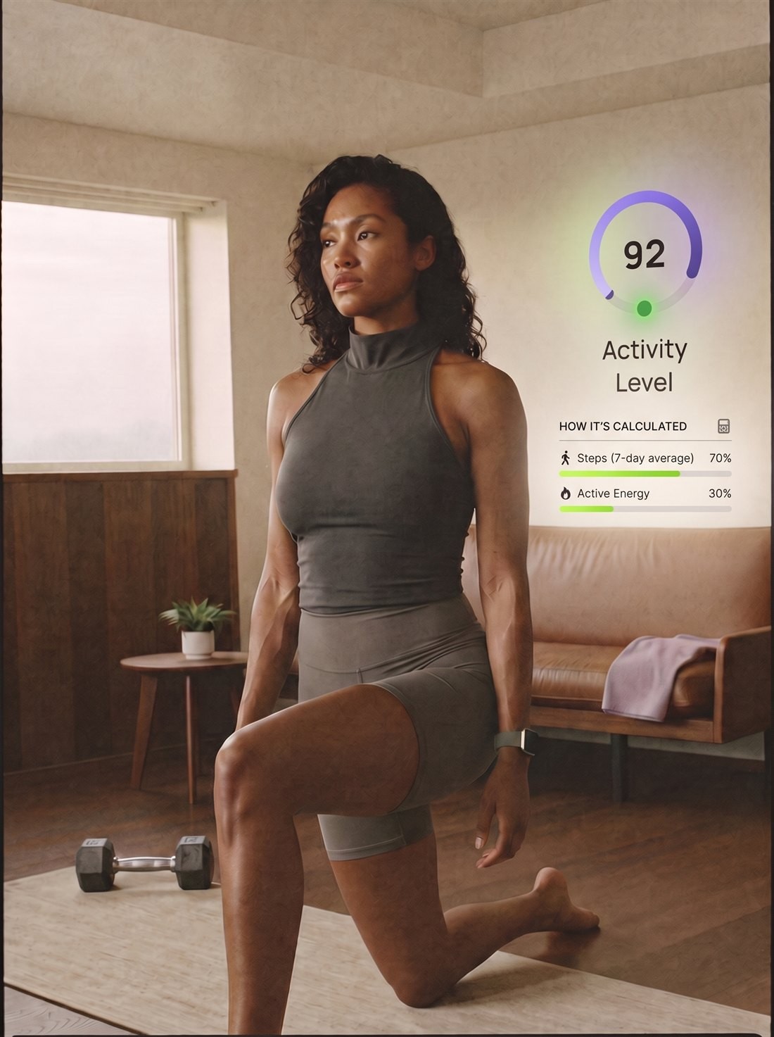 Activity level ring at 92, from steps and active energy