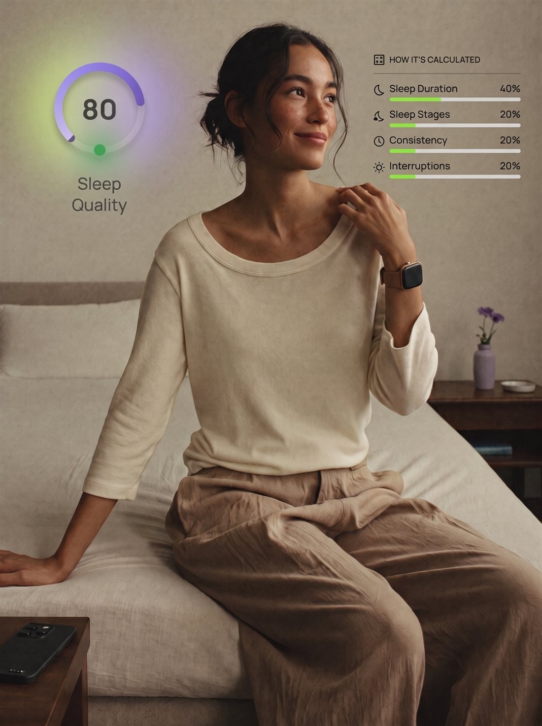 Sleep quality ring at 80, from sleep duration, stages, consistency and interruptions